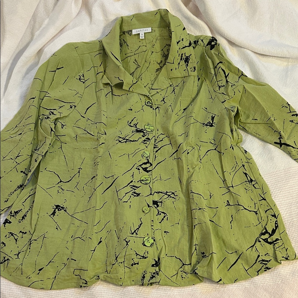 Habitat Olive Green Button-Front Printed Blouse